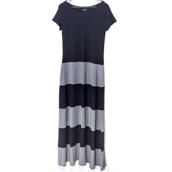 GAP Maxi Dress Colorblock Black Monochrome Gray L Retro Groove - Picture 1 of 8